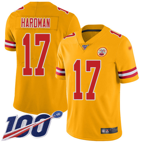 Men Kansas City Chiefs #17 Hardman Mecole Limited Gold Inverted Legend 100th Season Football Nike NFL Jersey